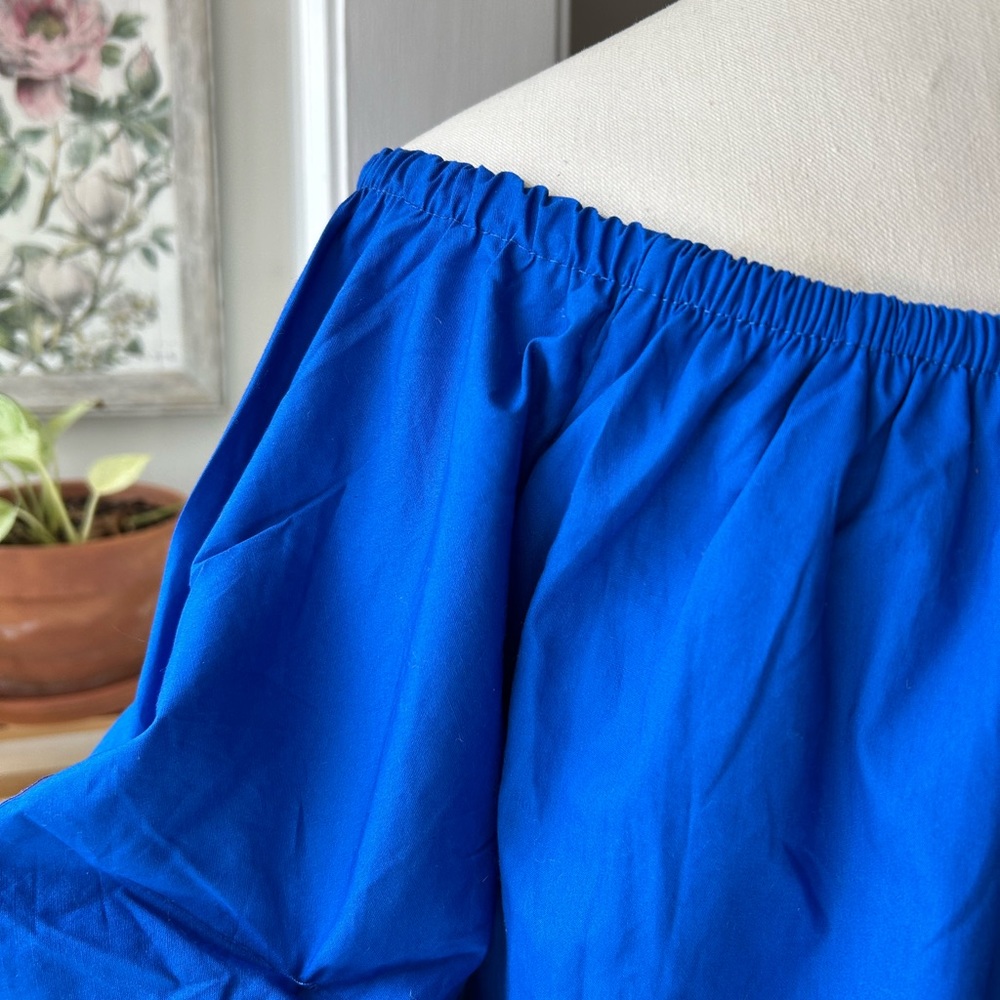 Scoop neck 100%cotton mini dress pullover solid blue ruched sleeves - Picture 7 of 12